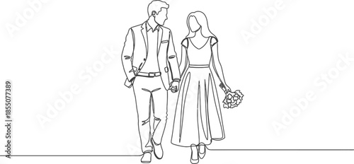 line drawing of a man and woman holding hands walking together smiling
