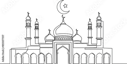A line drawing of a mosque with minarets and domes under a crescent moon and star