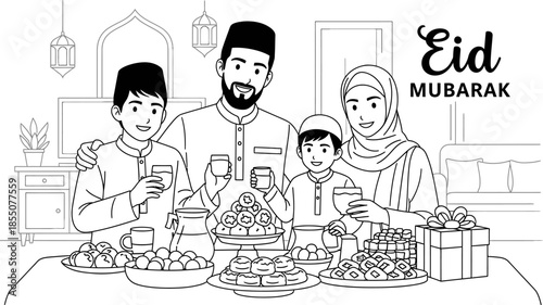 Eid Mubarak celebration with Muslim family enjoying traditional food and drinks together at home