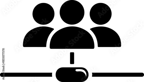 Black silhouette of three people icons standing behind a computer mouse on a