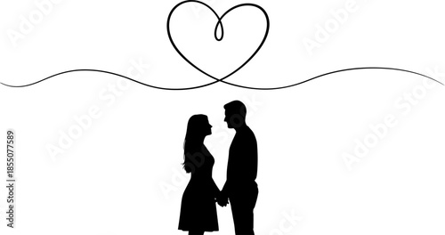 silhouette of a couple holding hands under a heart shaped line  romantic relationship