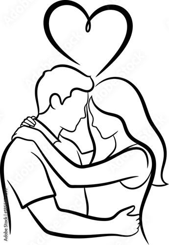 Couple embracing with heart above them in a romantic gesture