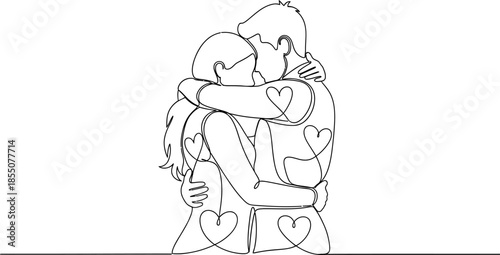 line drawing of couple hugging with hearts around them in love