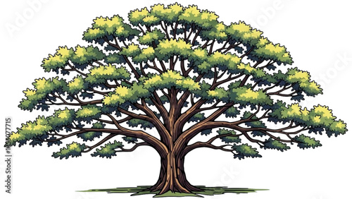 High-quality black outline colorful art of tall oak tree with wide spreading canopy, nature illustration, majestic forest tree design
