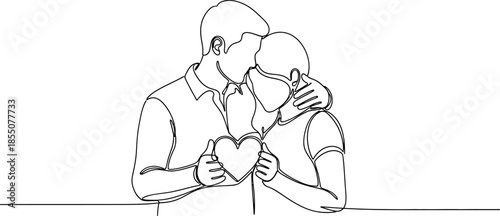 a man and a woman kissing while holding a heart together in one line drawing