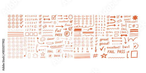 Hand Drawn Educational Symbols and Words in Orange on White school learning