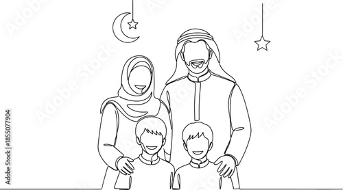 arab family with two kids smiling and wearing traditional clothes on white background with moon and stars
