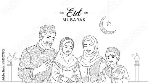 Eid Mubarak celebration with smiling Muslim family in traditional clothes and headscarves
