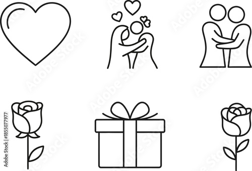 line art icons of love and gift giving with hearts and flowers