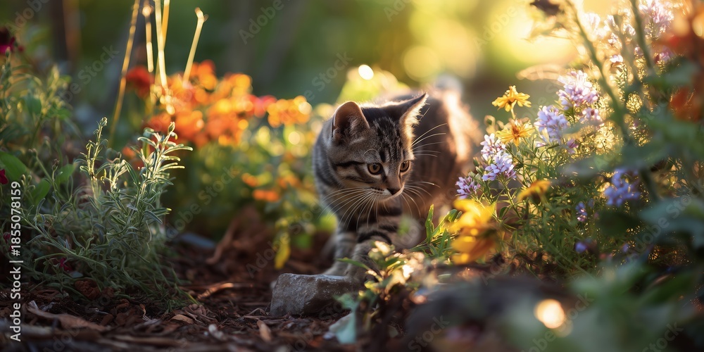 Obraz premium Cat explores garden in sunlight with flowers during golden hour
