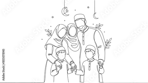 Muslim family in traditional clothes with kids holding lanterns on Eid alFitr or Ramadan  a joyful moment