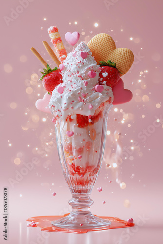 Romantic Strawberry Milkshake with Whipped Cream, Hearts and Sparkles (JPG 300DPI 7200×10800)