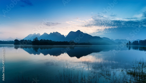 Serene Blue Mountain Landscape Reflection In Calm Water Under Misty Sky At Dawn