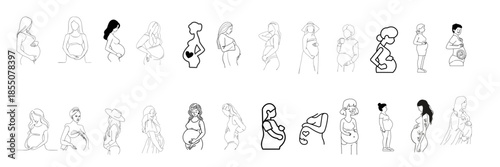 Pregnant woman line icon set
