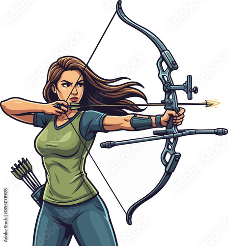 Beautiful Female Archer in Action Vector Illustration