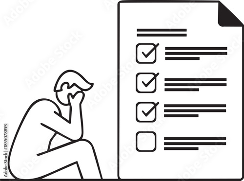 A line drawing of a person thinking while sitting next to a checklist with some items checked.