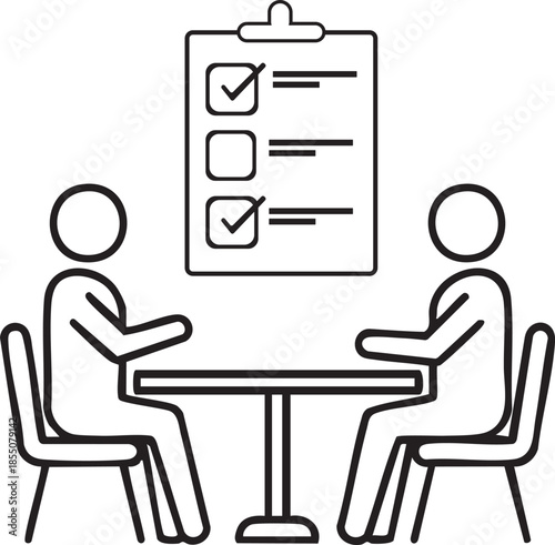 Illustration of two people sitting at a table discussing a checklist on a clipboard.