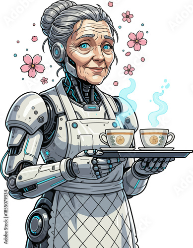 Futuristic Robot Grandma Vector Illustration