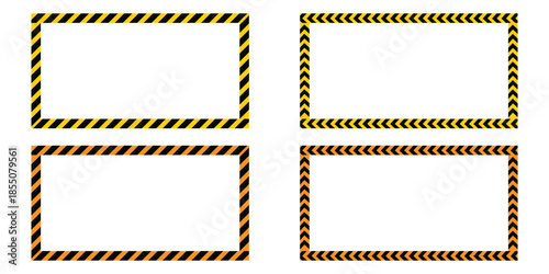 Collection of diverse rectangular frames designed with caution tape aesthetics featuring classic diagonal stripes and modern chevron patterns