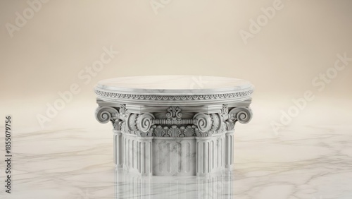 A white marble pedestal with intricate carvings on a marble surface.