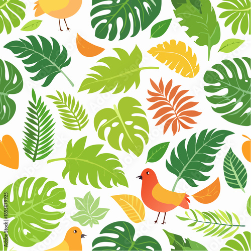 Birds surrounded by tropical leaves in a vibrant illustration