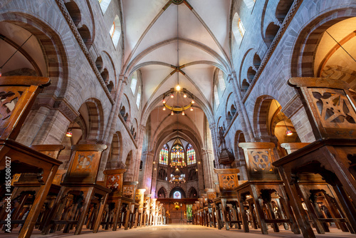 Basler Munster cathedral interior nave and ceiling vault. Basel, Canton of Basel-Stadt, Switzerland.