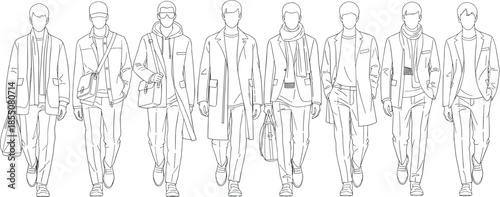 Stylish male fashion walking pose set, coat scarf accessory icons, black line vector, flat cad drawing style reference