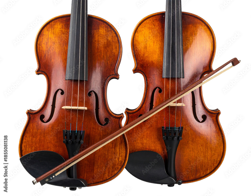 Fototapeta premium Classic Wooden Violin Front View with Bow, Isolated on Transparent Background PNG