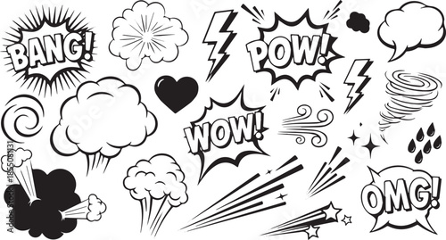 Collection of comic book style sound effects and visual elements.