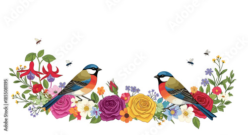 Pair of colorful birds is sitting on a vibrant floral garland with various blooming flowers and buzzing bees around.