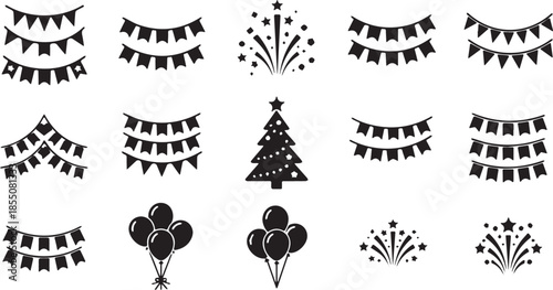 Collection of festive black and white icons for celebrations and holidays.