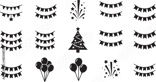 Collection of Festive Holiday and Celebration Icons with Banners Balloons and Christmas Tree.
