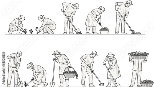 Agricultural activity illustration set, farming and gardening poses, black line icons, flat vector, cad drawing rural labor scenes