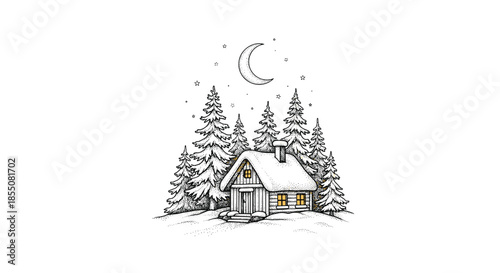 Hand drawn winter scene features a cozy small wooden cabin nestled in a snowy forest under a bright crescent moon sky.