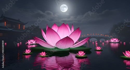 Luminous pink lotus flower floating on calm water under moonlight  