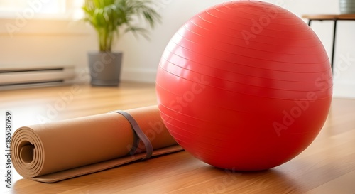 Red exercise ball and yoga mat on wooden floor in bright room  