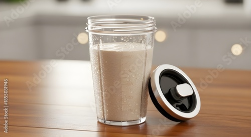 Protein shake in clear blender cup on wooden kitchen table  