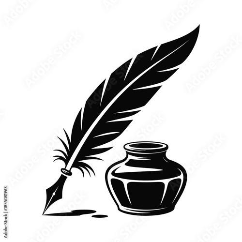 Quill pen and inkwell illustration on white background