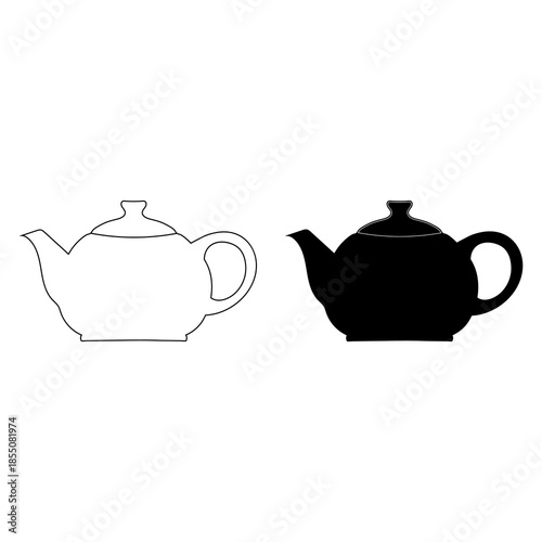 A minimalist vector graphic showing a teapot outline next to its black silhouette version Vector
