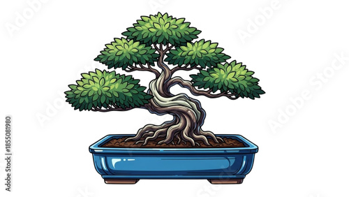High-quality black outline colorful realistic bonsai tree illustration in ceramic pot, zen gardening, miniature tree art