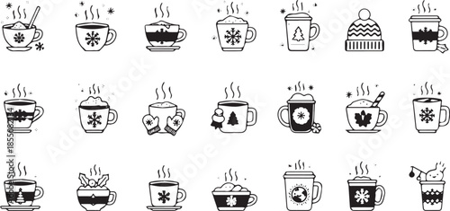 Collection of HandDrawn Winter Mugs and Cups with Steaming Hot Beverages.
