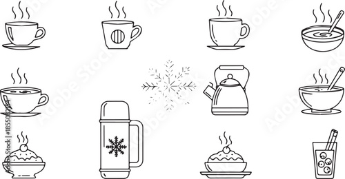 Collection of hot drinks and food items in a simple line art style.