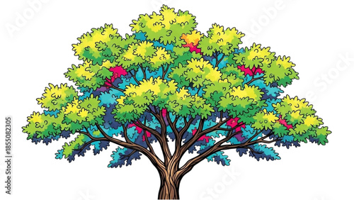 High-quality black continuous line art of tree with full summer foliage, lush leaves, minimalist nature illustration