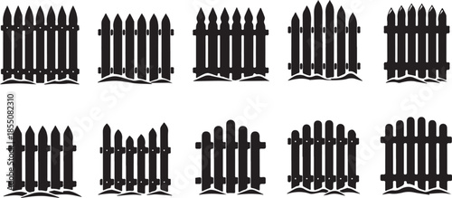 Collection of various black silhouette fence designs on white background.