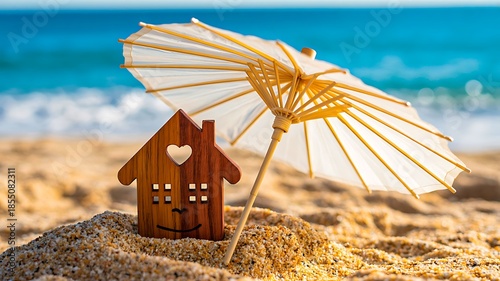 Mini house under umbrella on sandy beach summer concept
