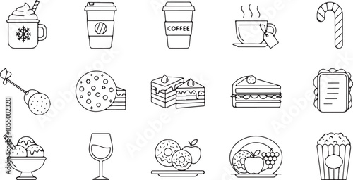 Collection of various food and drink items in outline style.