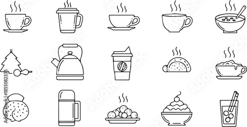Collection of various hot beverages and food items in outline style.