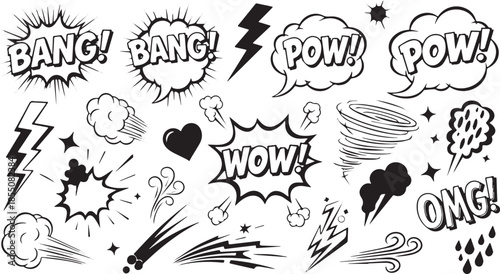 Comic book speech bubbles and explosion effects set.
