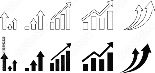 Growth trend icon illustration set, upward arrow and chart symbols, outline and filled styles, black vector, flat cad drawing