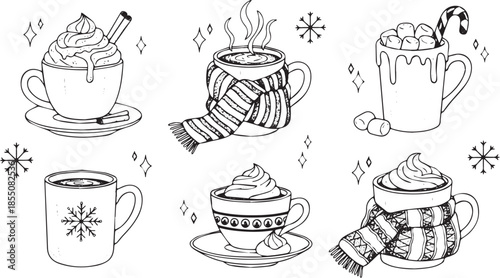 Cozy Winter Drinks Collection Hand Drawn Illustration.
